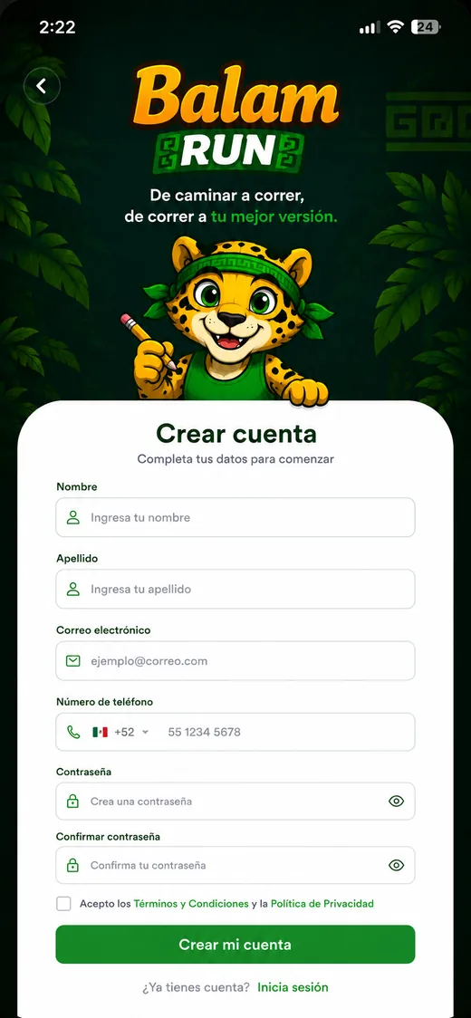 Pantalla de registro de Balam Run con mascota y formulario