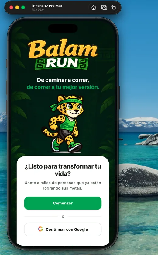 Balam Run en simulador iPhone con pantalla de bienvenida